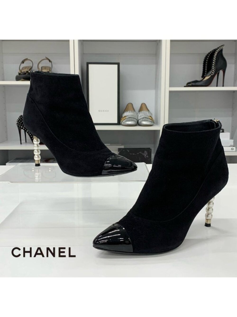 Chanel CC Logo Pearl Suede Short Boots Black